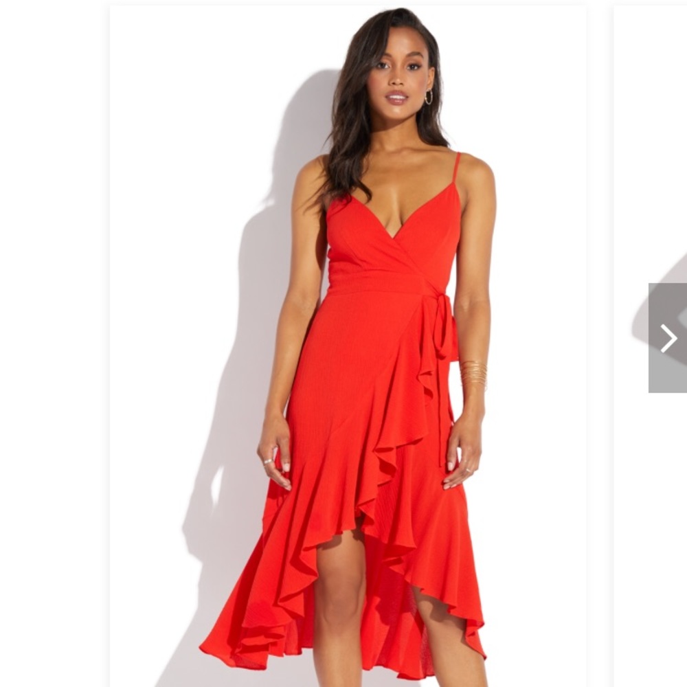 Red ruffled wrap dress